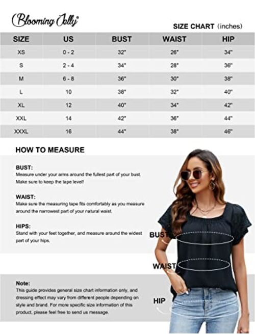 Blooming Jelly Womens Square Neck Tops Summer Dressy Casual Shirt Spring Short Sleeve Lace Blouses