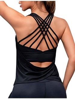 Womens Built in Bra Tank Tops Removable Padded Workout Tops Open Back Athletic Yoga Shirts