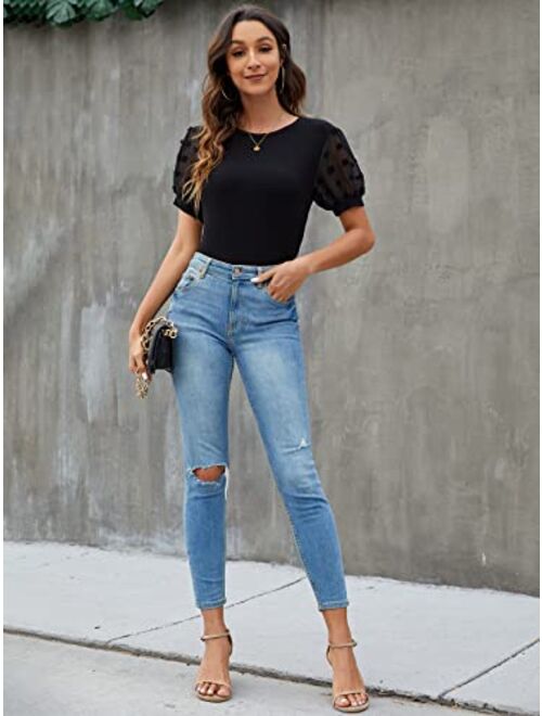 Blooming Jelly Womens Short Sleeve Blouse Business Casual Dressy Tops Ribbed Summer Stylish Work Shirts