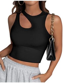 Womens Ribbed Cropped Tank Tops Sexy Casual High Neck Cut Out Y2k Sleeveless Tops Summer Clothes