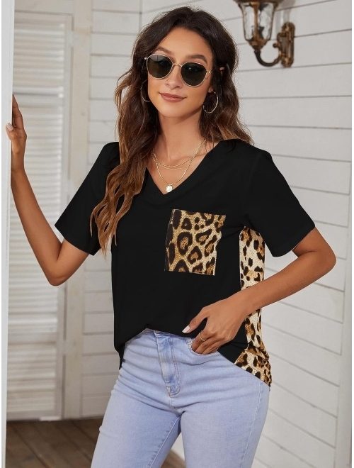 Blooming Jelly Women's Leopard Print Tops Loose V Neck Shirts Short Sleeve Blouses with Pocket