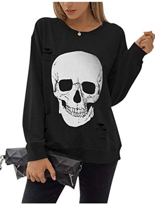 Blooming Jelly Women's Crewneck Sweatshirt Skull Graphic T Shirts Long Sleeve Top Pullover Oversized Sweaters