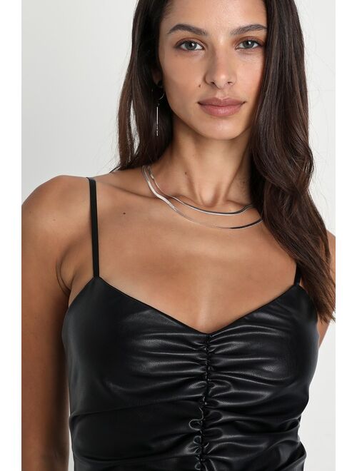Lulus Bold Perfection Black Vegan Leather Ruched Tank Top