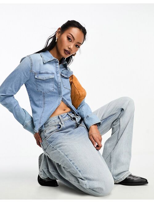 ASOS DESIGN denim fitted shirt in midwash blue