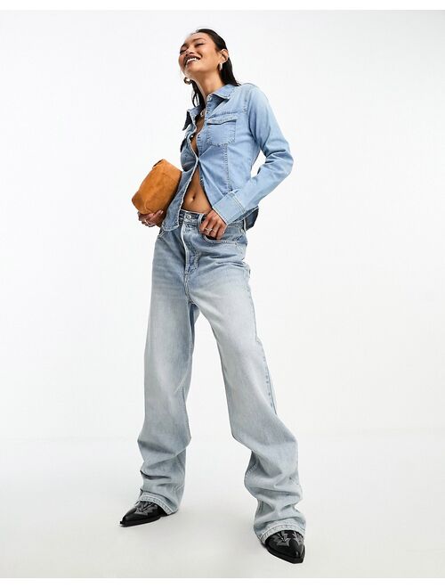 ASOS DESIGN denim fitted shirt in midwash blue