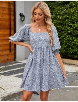 Womens Floral Babydoll Dress Square Neck 3/4 Puff Sleeve Dress Boho Mini Summer Ladies Dresses with Pockets
