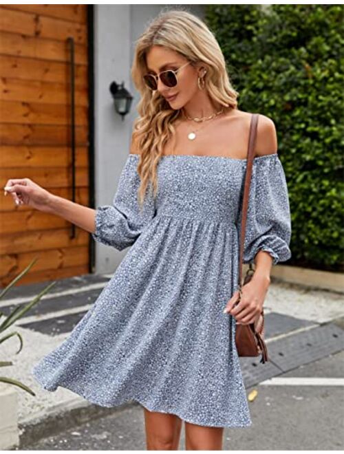 Blooming Jelly Womens Floral Babydoll Dress Square Neck 3/4 Puff Sleeve Dress Boho Mini Summer Ladies Dresses with Pockets
