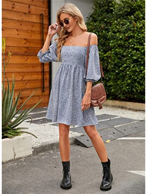 Blooming Jelly Womens Floral Babydoll Dress Square Neck 3/4 Puff Sleeve Dress Boho Mini Summer Ladies Dresses with Pockets