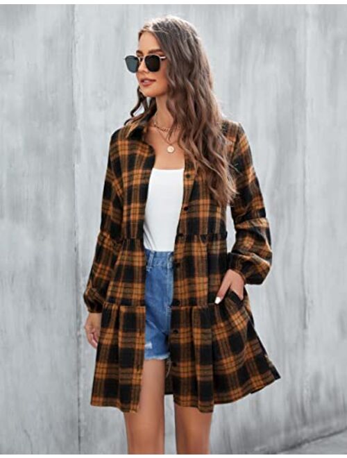 Blooming Jelly Womens Plaid Dresses Flannel Babydoll Dress Casual Tunic Dress Long Sleeve Fall Dresses with Pockets