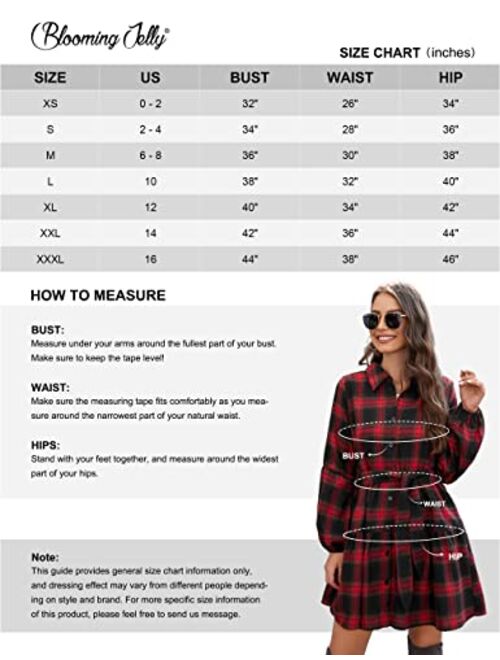 Blooming Jelly Womens Plaid Dresses Flannel Babydoll Dress Casual Tunic Dress Long Sleeve Fall Dresses with Pockets