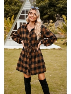 Womens Plaid Dress Flannel Puff Sleeve Dress Button Down Casual Fall Dresses for Women 2023 with Pockets