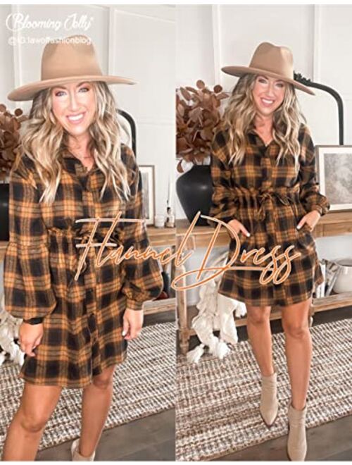 Blooming Jelly Womens Plaid Dress Flannel Puff Sleeve Dress Button Down Casual Fall Dresses for Women 2023 with Pockets