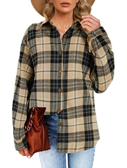 Febriajuce Women's Long Sleeve Plaid Shirts Flannel Collared Button Down Shacket Casual Rolled Up Boyfriend Blouse Tops