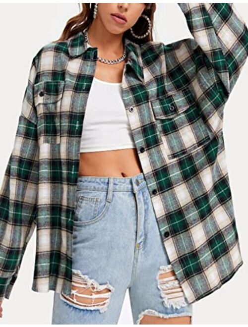 Zontroldy Plaid Flannel Shirts for Women Oversized Long Sleeve Button Down Buffalo Plaid Shirt Blouse Tops
