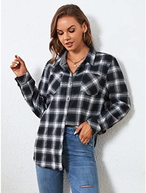 WARHORSEE Plaid Flannel Shirts for Women Long Sleeve, Loose Fit Womens Casual Flannels Button Down Shirts Blouses Tops