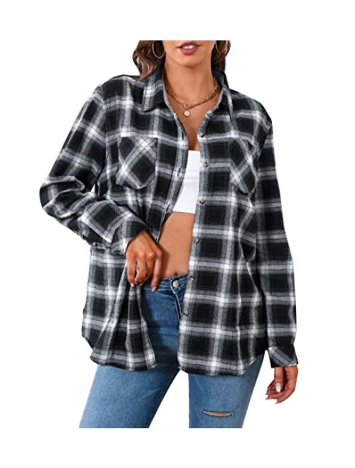 WARHORSEE Plaid Flannel Shirts for Women Long Sleeve, Loose Fit Womens Casual Flannels Button Down Shirts Blouses Tops