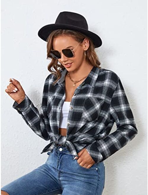 WARHORSEE Plaid Flannel Shirts for Women Long Sleeve, Loose Fit Womens Casual Flannels Button Down Shirts Blouses Tops