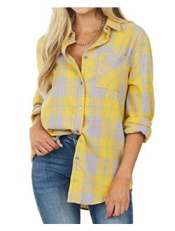 NUOREEL Womens Plaid Shirts Button Down Flannel Shirts Boyfriend Long Sleeve Shirts