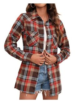 siliteelon Womens Flannel Plaid Shirts Roll Up Long Sleeve Button Down Cotton Boyfriend Casual Cuffed Blouse Shirts Tops