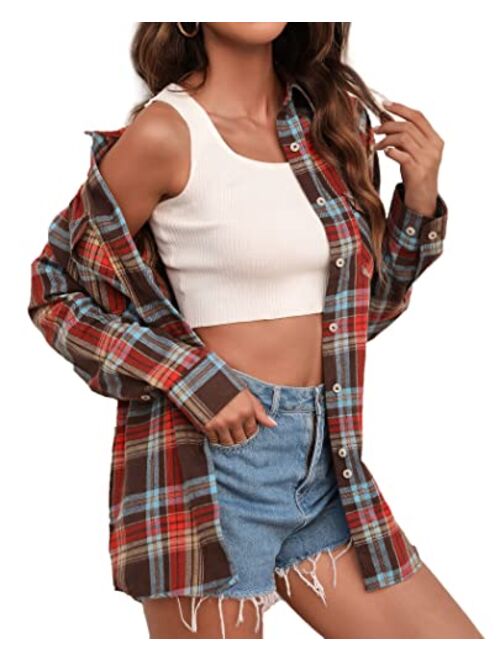 siliteelon Womens Flannel Plaid Shirts Roll Up Long Sleeve Button Down Cotton Boyfriend Casual Cuffed Blouse Shirts Tops