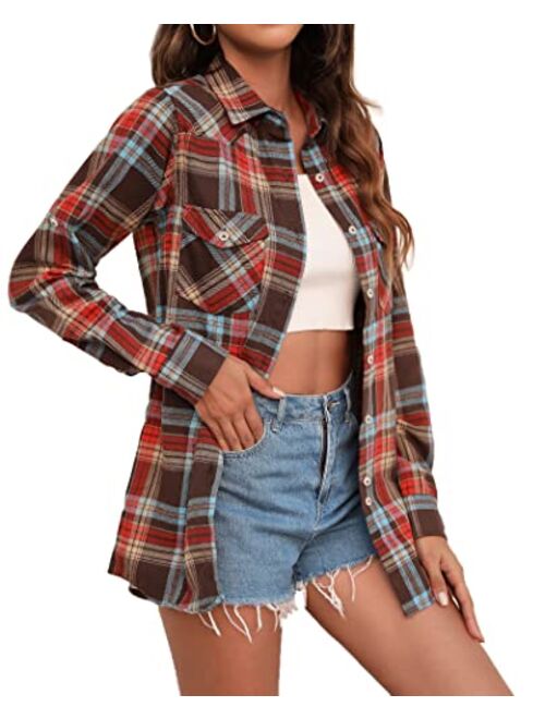 siliteelon Womens Flannel Plaid Shirts Roll Up Long Sleeve Button Down Cotton Boyfriend Casual Cuffed Blouse Shirts Tops