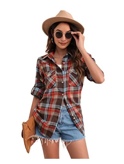 siliteelon Womens Flannel Plaid Shirts Roll Up Long Sleeve Button Down Cotton Boyfriend Casual Cuffed Blouse Shirts Tops
