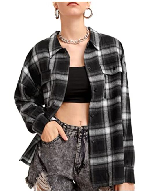 Zontroldy Womens Flannel Shirt Plaid Buffalo Long Sleeve Button Down Oversized Flannels Shirts Blouse Tops