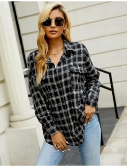 Women's Button Down Flannel Shirts Plaid Shacket Long Sleeve Collared Business Casual Tops Work Blouses