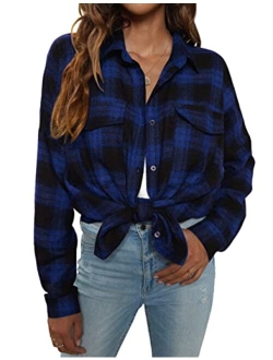 Women's Button Down Flannel Shirts Plaid Shacket Long Sleeve Collared Business Casual Tops Work Blouses