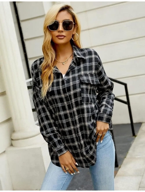 Blooming Jelly Women's Button Down Flannel Shirts Plaid Shacket Long Sleeve Collared Business Casual Tops Work Blouses