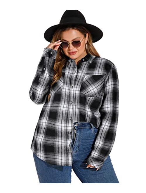 LALAGEN Womens Plus Size Plaid Flannel Shirt Casual Loose Fit Long Sleeve Button Down Shirts Blouse Tops