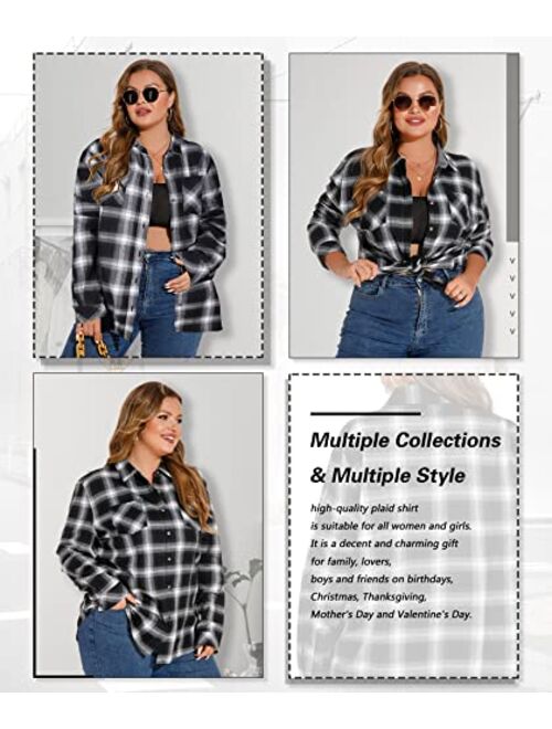 LALAGEN Womens Plus Size Plaid Flannel Shirt Casual Loose Fit Long Sleeve Button Down Shirts Blouse Tops