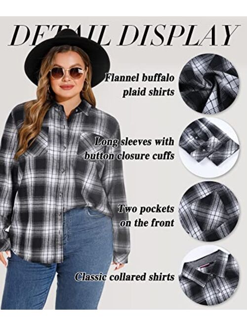 LALAGEN Womens Plus Size Plaid Flannel Shirt Casual Loose Fit Long Sleeve Button Down Shirts Blouse Tops