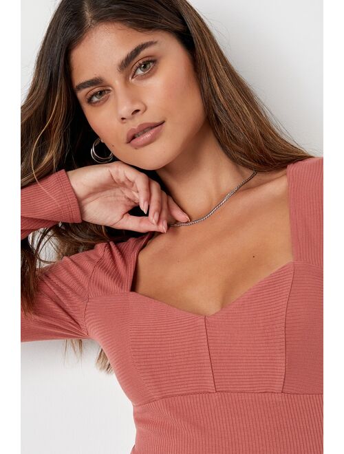 Lulus Essential Charisma Rusty Rose Ribbed Knit Long Sleeve Top