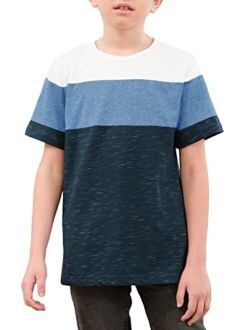 Simtuor Boys Summer Casual Color Block Tops Crewneck Short Sleeve Soft Striped Basic T Shirts