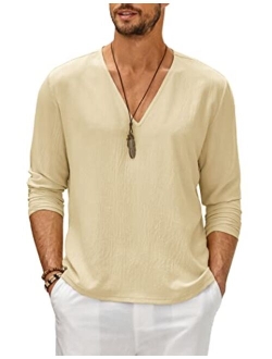 Mens V Neck Shirts Long Sleeve Casual Stylish Beach Vacation T Shirt Summer Henley Hippie Tops