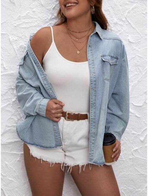 SHEIN LUNE Plus Flap Pocket Roll Tab Sleeve Denim Shirt