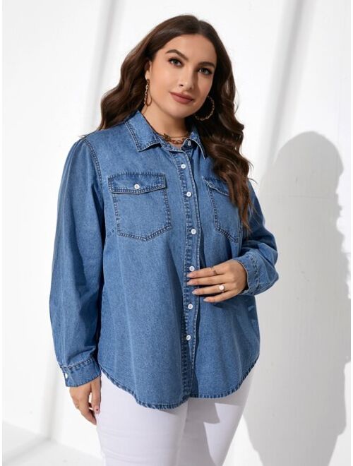SHEIN Essnce Plus Flap Pocket Denim Shirt