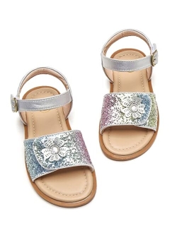 Girls Glitter Sandals Open Toe Cute Flower Soft Princess Flats Dress Sandals Summer Shoes for Toddler Little Kid Big Kid