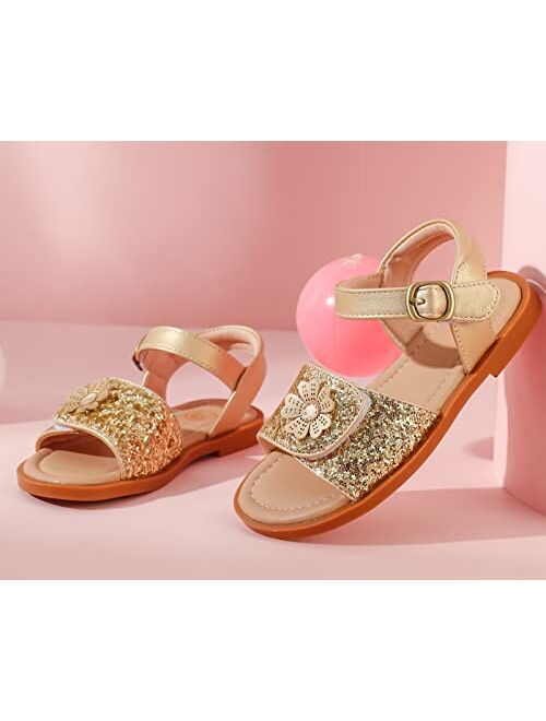DADAWEN Girls Glitter Sandals Open Toe Cute Flower Soft Princess Flats Dress Sandals Summer Shoes for Toddler Little Kid Big Kid