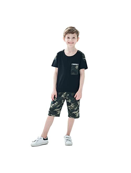 LOLANTA Boy Summer Clothes Kids Casual 2 Piece Outfit Cotton T-Shirt Camouflage Shorts Set