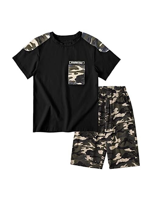 LOLANTA Boy Summer Clothes Kids Casual 2 Piece Outfit Cotton T-Shirt Camouflage Shorts Set