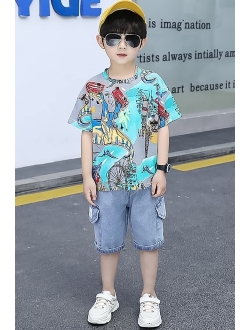 Volunboy Boys Summer Outfits Kids Short Sleeve T-shirt and Shorts Set Cartoon Print Clothing Sets