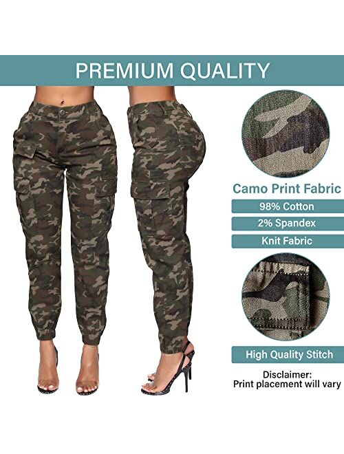 Denim Collection Double Denim Women's High Waist Jogger Pants - Casual Cargo Elastic Waistband Sweatpants Tapered Fatigue with 6 Pockets