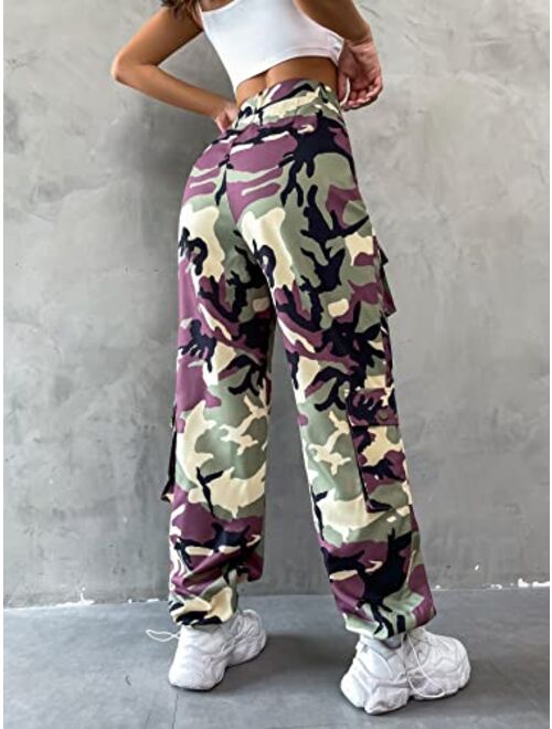 Verdusa Women's Camo Print Pocket Side High Waist Cargo Pants Joggers