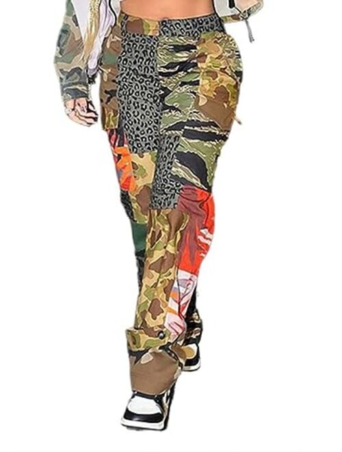 Ptorlio Women Camo Cargo Pants Camouflage Army Fatigue High Waisted Jogger Sweatpants Plus Size