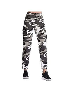 GEZOUR Women's Camo Cargo Pants Elastic High Waist Streetwear Outdoor Camouflage Multi Jogger Sweatpants with Pockets