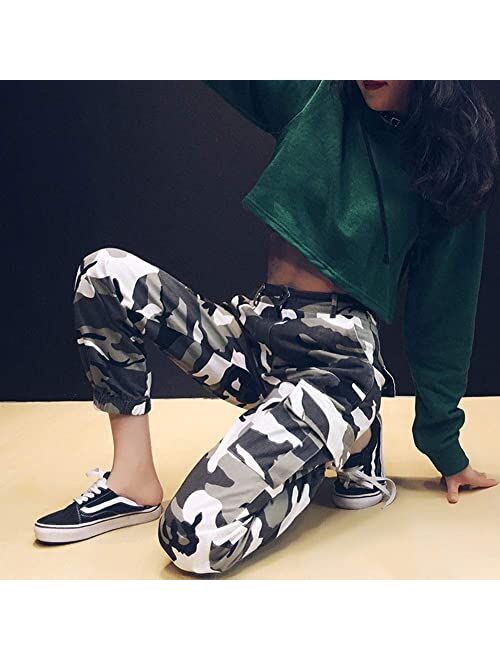 GEZOUR Women's Camo Cargo Pants Elastic High Waist Streetwear Outdoor Camouflage Multi Jogger Sweatpants with Pockets