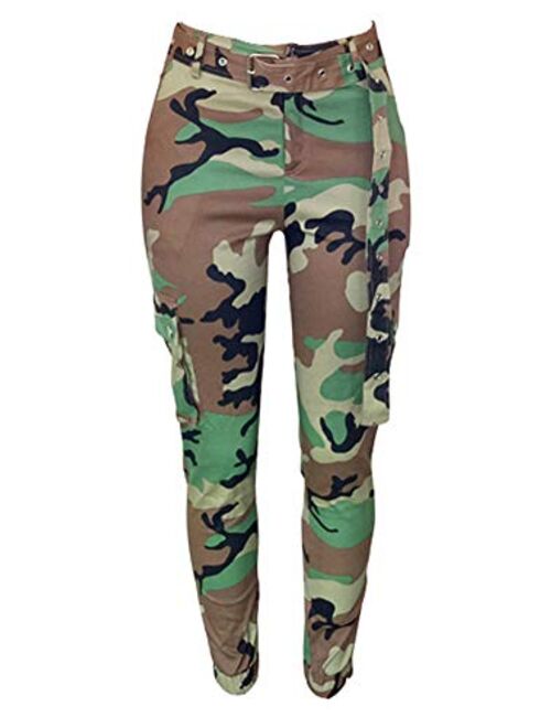 LTOTXKMR Women's High Waisted Slim Fit Camouflage Camo Jogger Pants with Belt