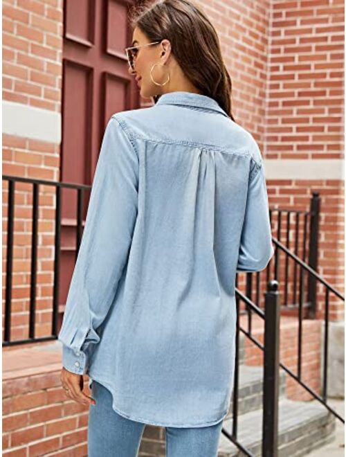 Kedera Women's Classic Long/Roll Up Sleeve Button Down Western Denim Snap Shirt Blouse Tops